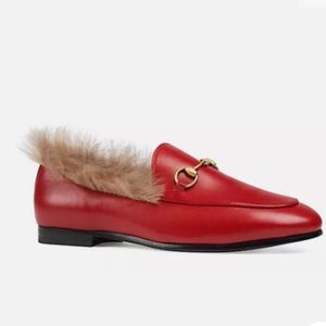 Gucci Women Jordaan Leather Lamb Fur Slip on Loafers Red Size 40